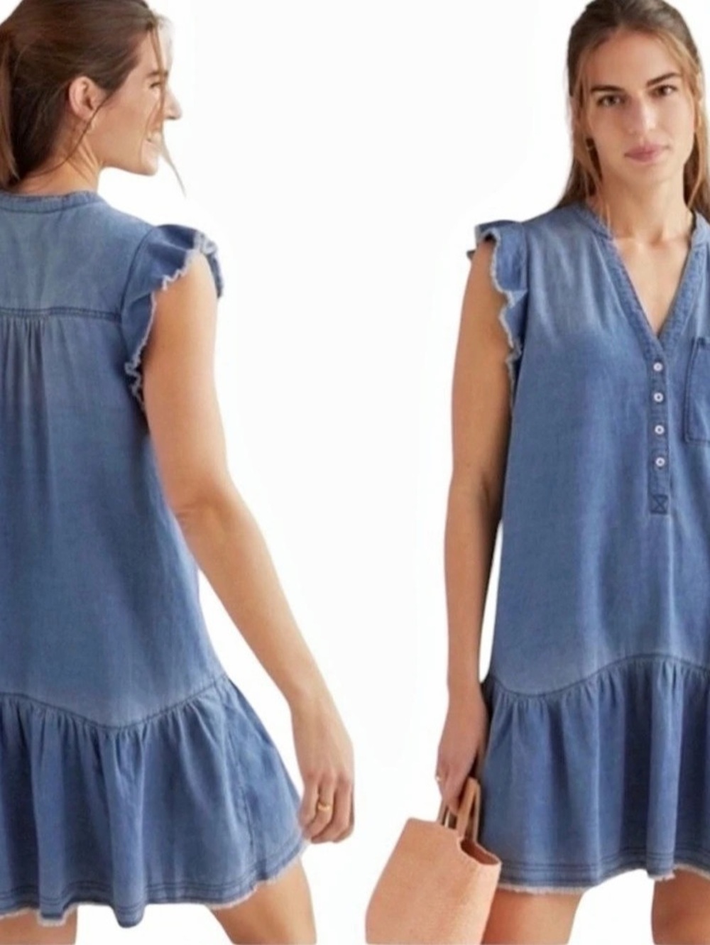 PILCRO V-Neck Ruffle Denim Mini Dress Blue XS